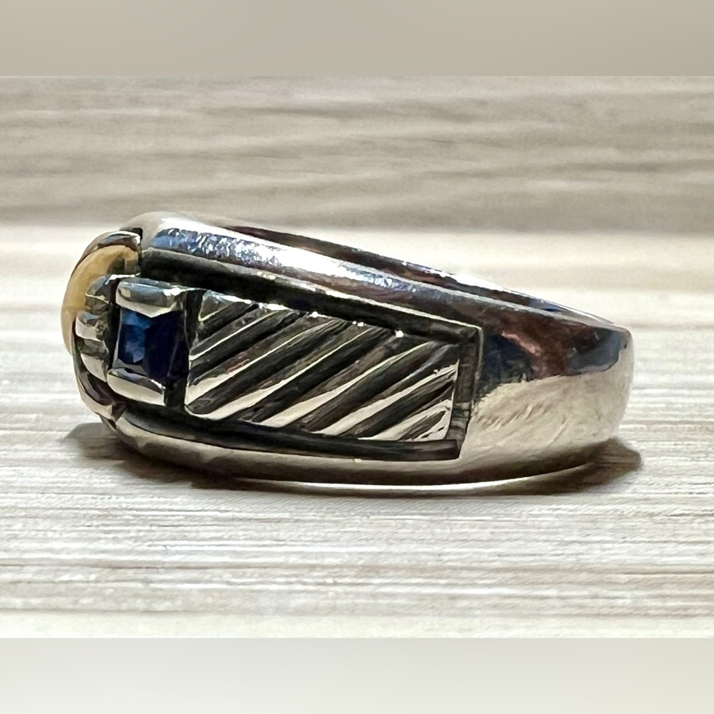 Designer Signed AZ Sterling Silver & 18k Yellow Gold Sapphire Ring, Size 6.5 - Picture 3 of 12